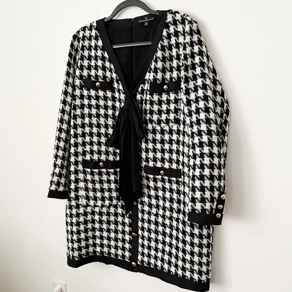Tuckernuck Pomander Place Coco Tweed Houndstooth Bow Dress XXL Black White‎